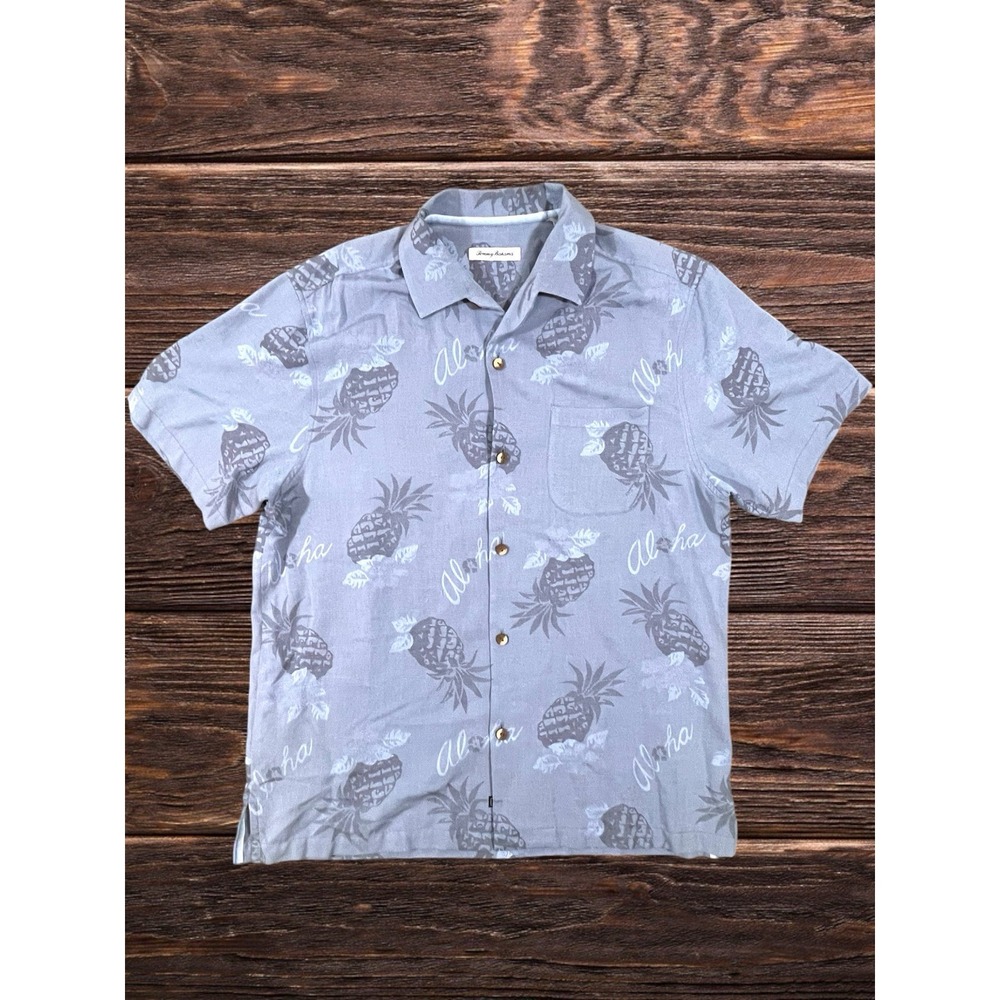 Tommy Bahama Tropical Aloha Button Down Shirt Silk Blue Grey Floral Size Large